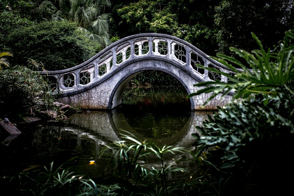 Image of a curved bridges reflecting in the water a full circle and mirror image representing the brand of Bridges to Understanding